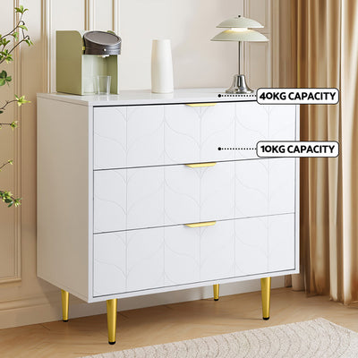 White 3-Drawer Chest of Drawers – Carved Pattern Tallboy with gold legs, decorative front, and sturdy storage capacity in bedroom setting