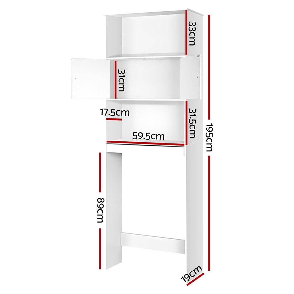 White Bathroom Cabinet Over the Toilet Storage Shelf with multiple shelves and dimension markings on white background
