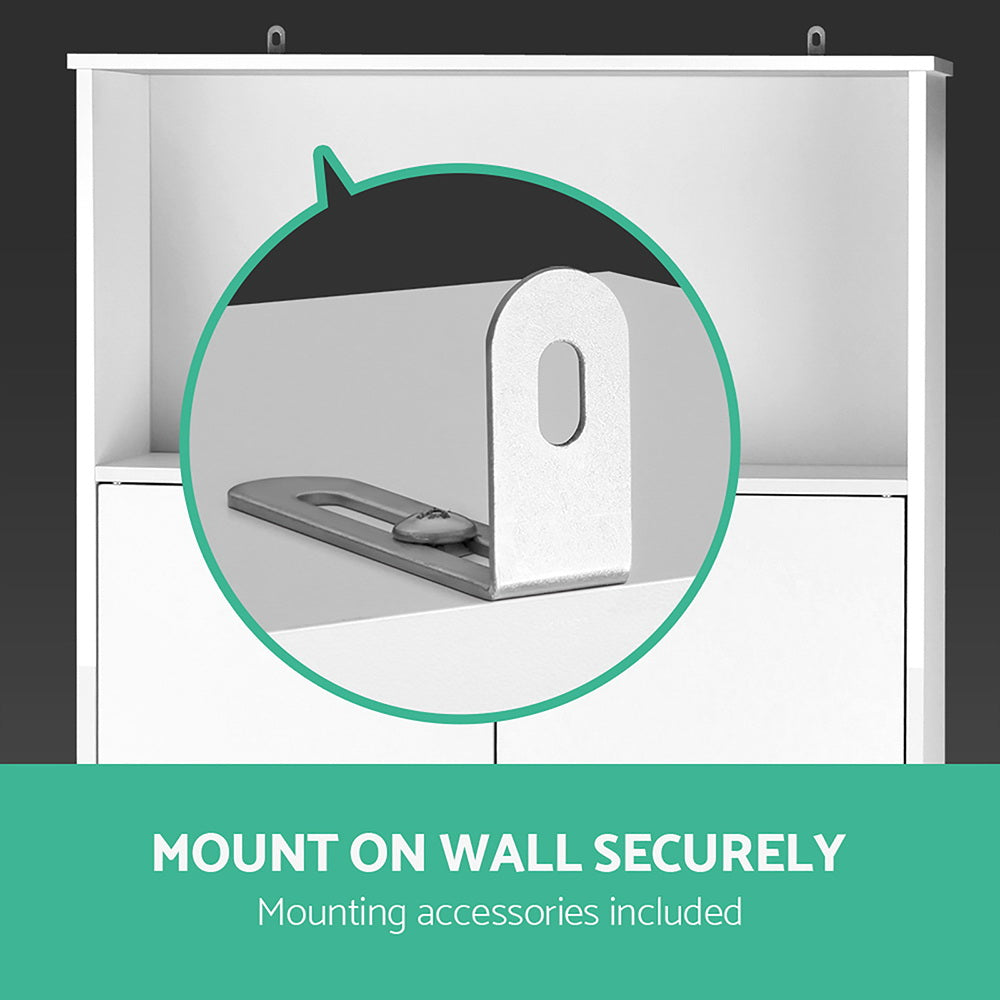 Bathroom Cabinet Over the Toilet Storage Shelf close-up of metal mounting bracket for secure wall installation