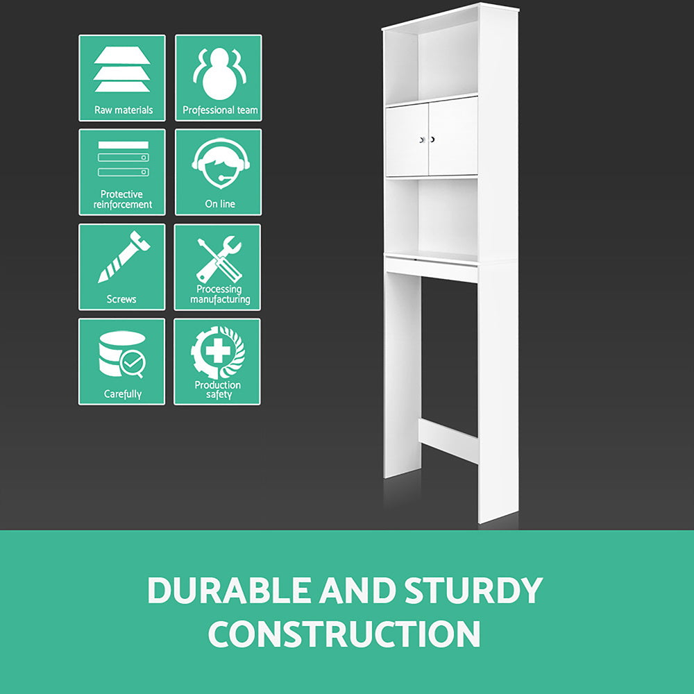 White Bathroom Cabinet Over the Toilet Storage Shelf with open and closed shelves, highlighting durable and sturdy construction design