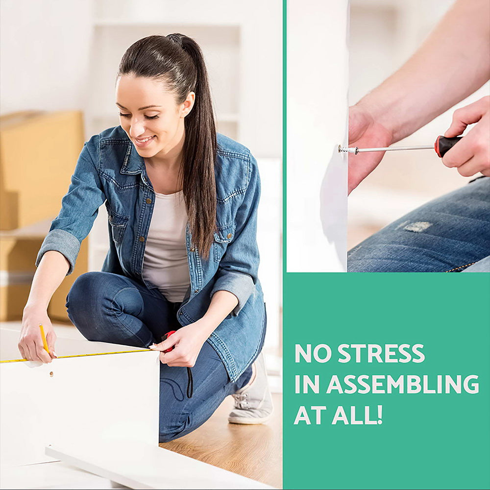 Woman assembling Bathroom Cabinet Over the Toilet Storage Shelf, measuring and screwing parts on wooden floor during setup
