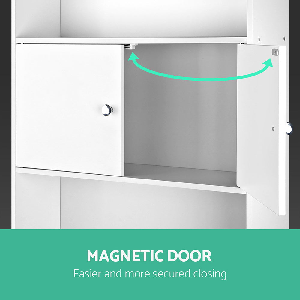 Bathroom Cabinet Over the Toilet Storage Shelf with white magnetic doors open to show internal shelving and storage space