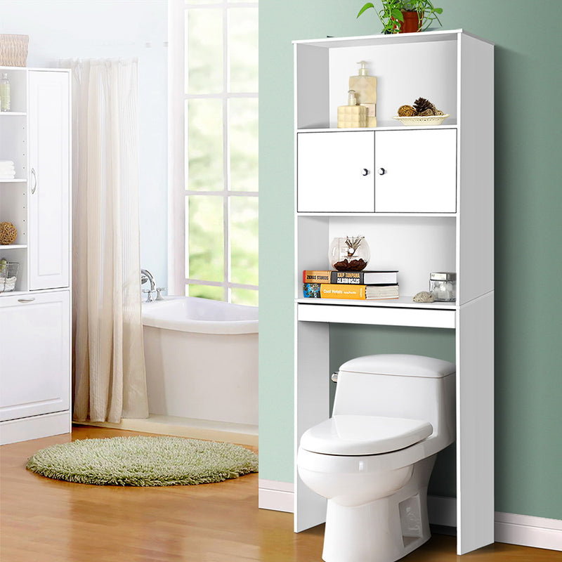 Bathroom Cabinet Over the Toilet Storage Shelf in white with shelves and closed cabinets over a toilet in a bathroom setting