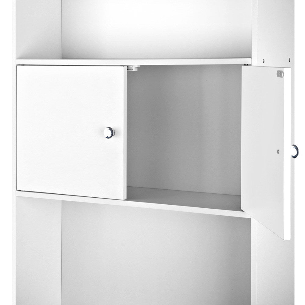 White Bathroom Cabinet Over the Toilet Storage Shelf with two doors and open shelving for bathroom essentials