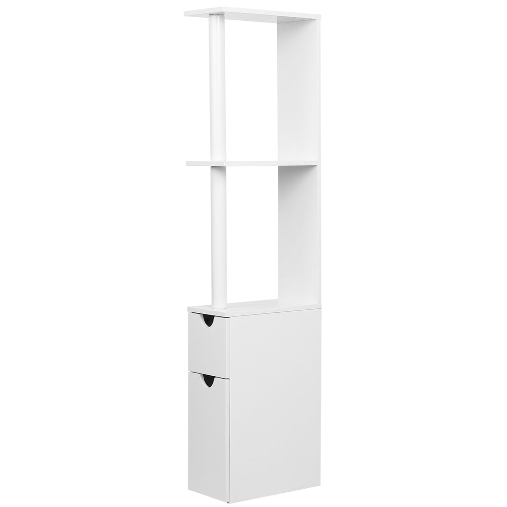 Bathroom Cabinet Storage 118cm Shelf White with open shelves, drawer, and cabinet door for bathroom organization.