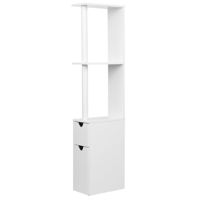 Bathroom Cabinet Storage 118cm Shelf White with open shelves, drawer, and cabinet door for bathroom organization.