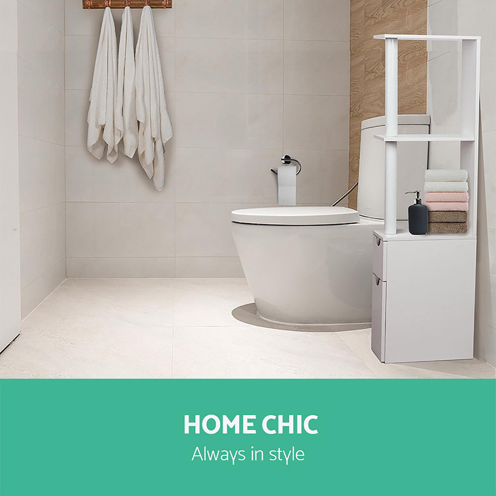 Bathroom Cabinet Storage 118cm Shelf White beside toilet with towels and toiletries in modern bathroom setting