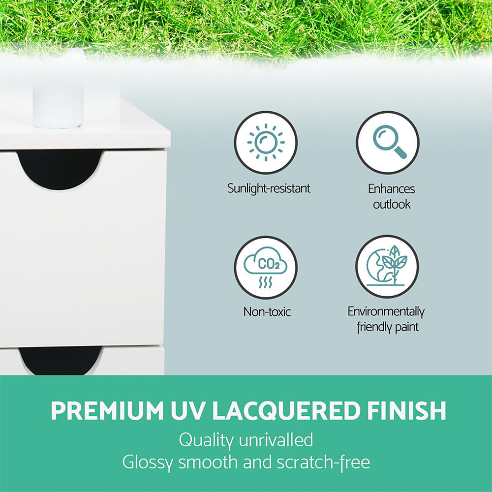 Close-up of Bathroom Cabinet Storage 118cm Shelf White highlighting UV lacquered finish with sunlight-resistant and non-toxic features