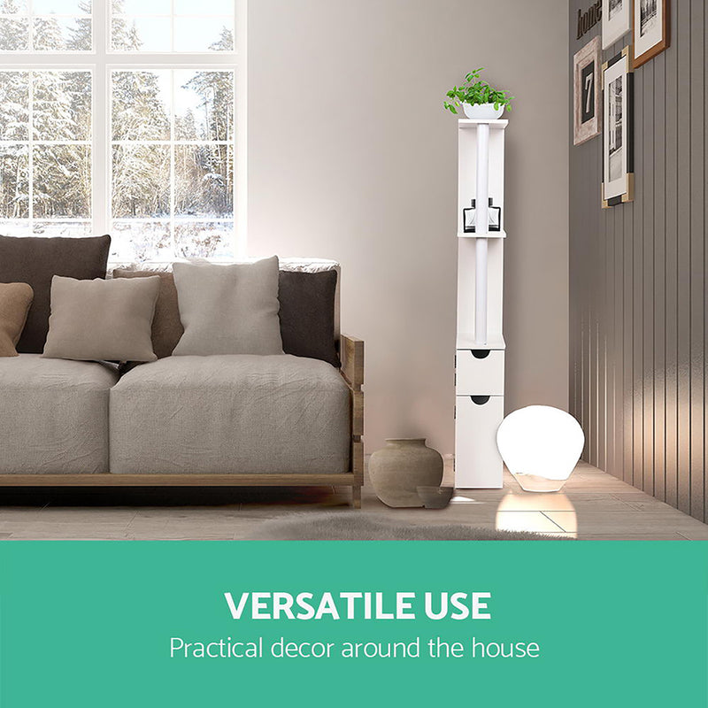 Bathroom Cabinet Storage 118cm Shelf White tall slim unit with shelves and drawers placed beside sofa in living room.