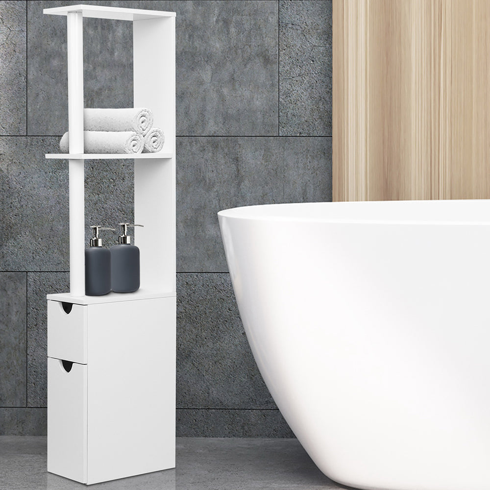 Bathroom Cabinet Storage 118cm Shelf White with open shelves, two drawers, and decorative items by a bathtub on gray tile floor