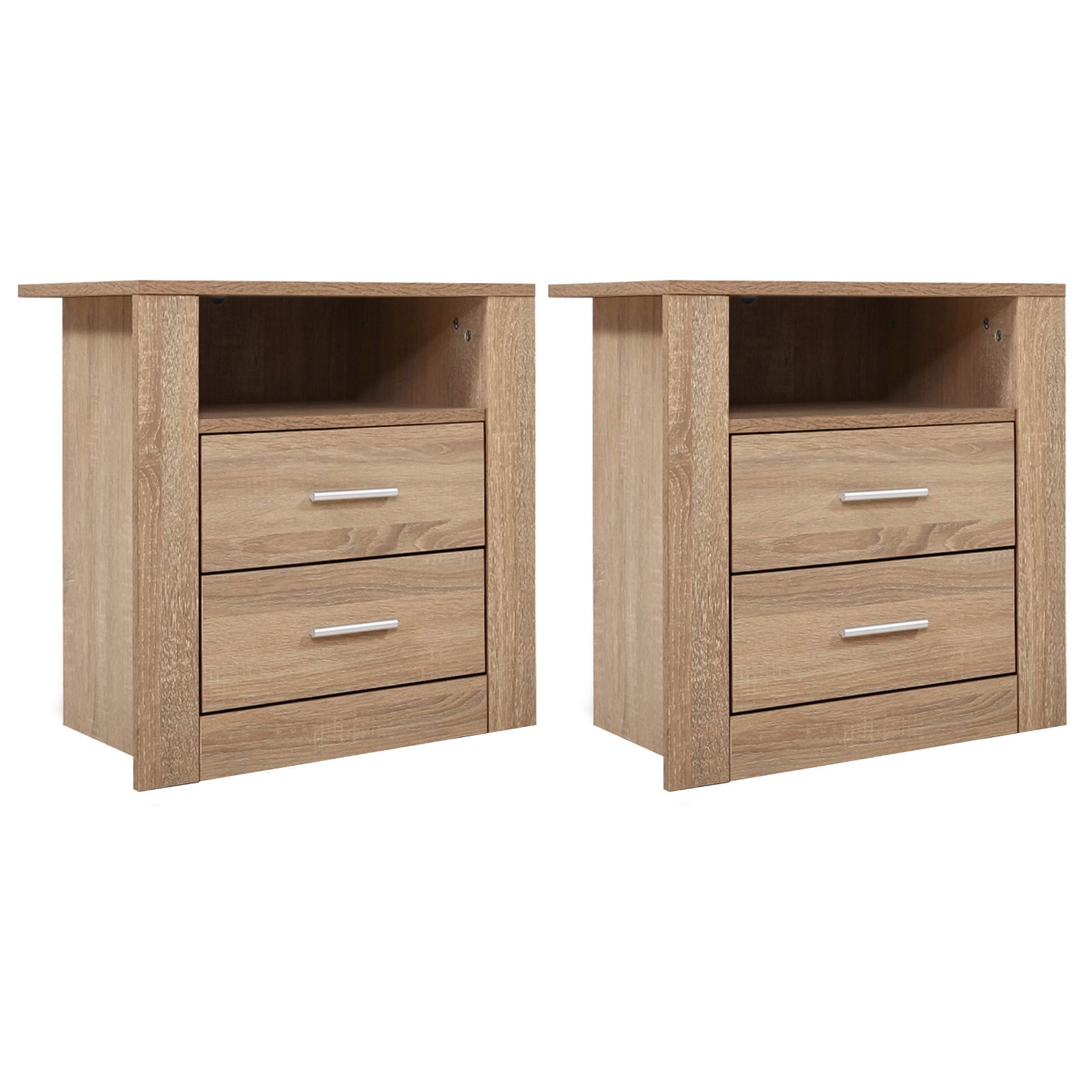 2X Bedside Table 2 Drawers with Shelf - TARA Oak twin pack bedside storage with silver handles and open shelf in oak finish