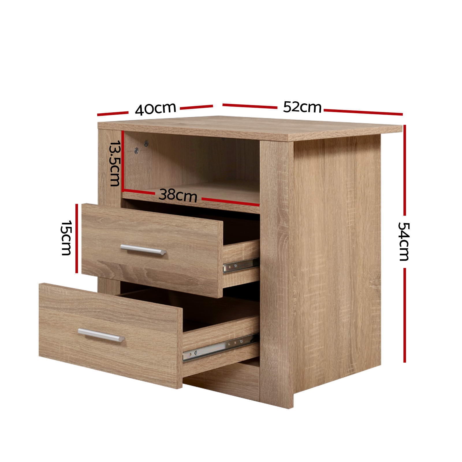 2X Bedside Table 2 Drawers with Shelf - TARA Oak twin pack with open drawers, shelf, and metal handles shown with dimensions