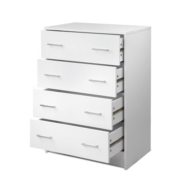 Tallboy 4 Drawers Storage Cabinet - White with four partially open drawers, minimalist design, and silver handles for bedroom storage.