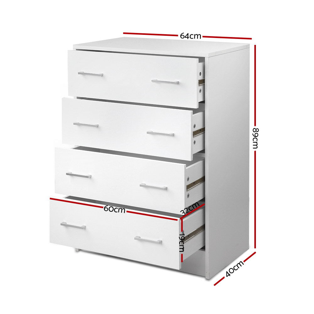 Tallboy 4 Drawers Storage Cabinet - White with metal handles, four spacious drawers, and compact modern bedroom furniture design