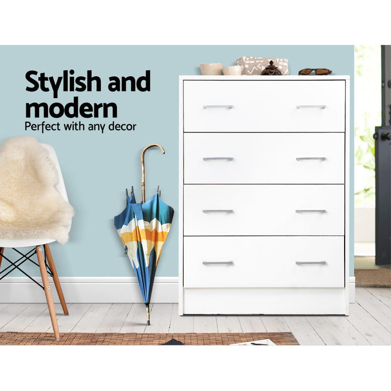 Tallboy 4 Drawers Storage Cabinet - White with silver handles in bright room, styled with umbrella and chair nearby