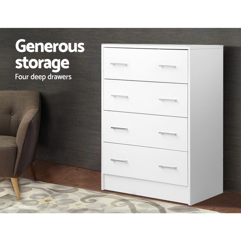 Tallboy 4 Drawers Storage Cabinet - White with sleek metal handles, four spacious drawers for bedroom storage by Bedzy.
