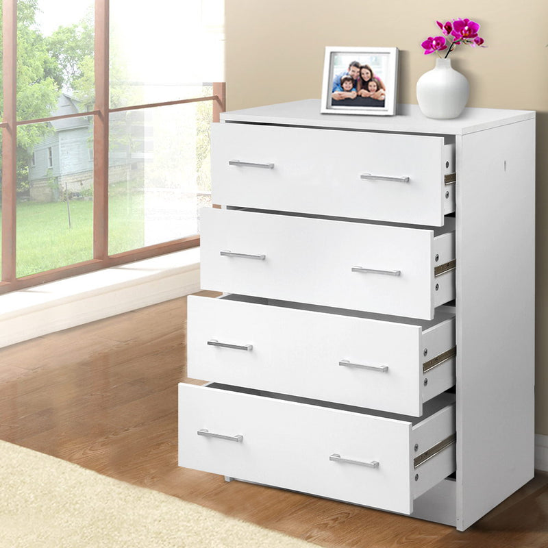 Tallboy 4 Drawers Storage Cabinet - White with metal handles, partially open drawers, displayed in bedroom setting near window