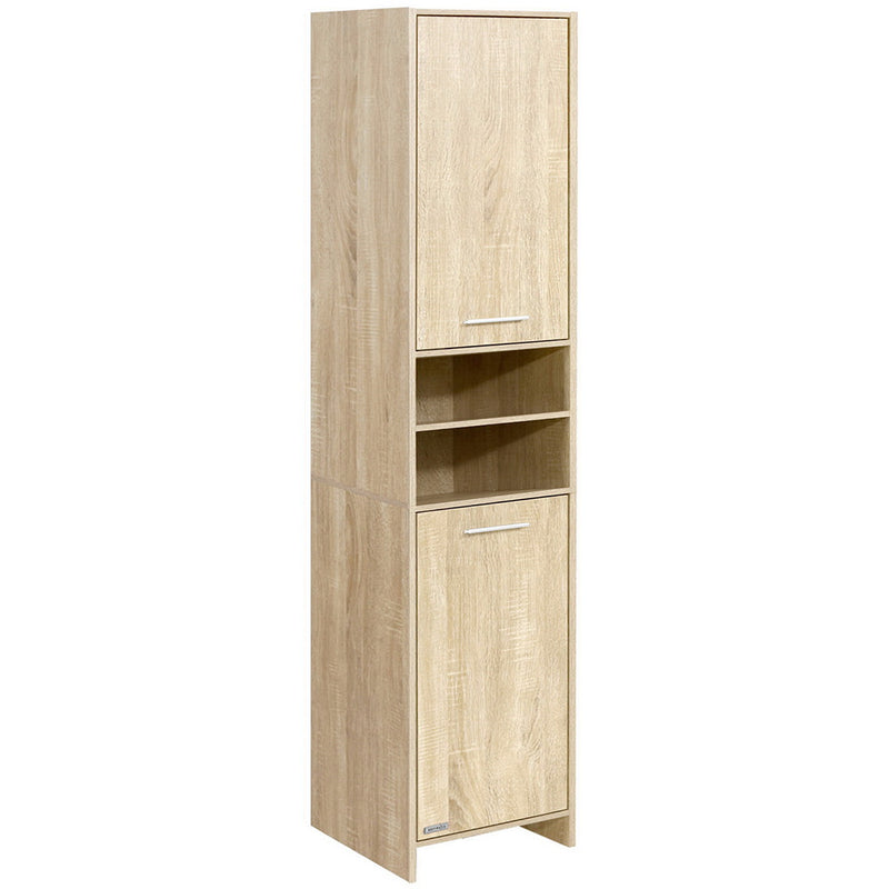 Bathroom Cabinet Storage 185cm Wooden tall cabinet with two doors and two open shelves in light wood finish