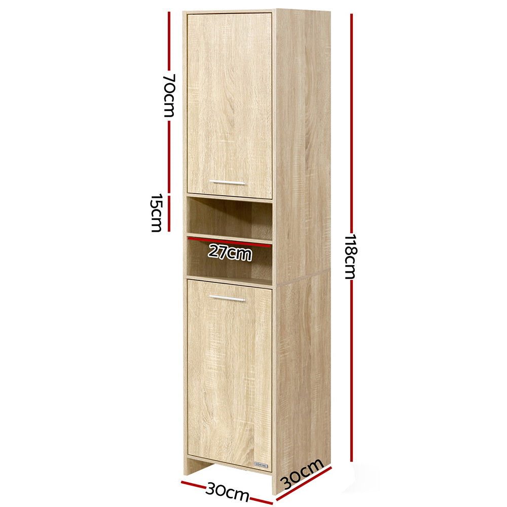 Bathroom Cabinet Storage 185cm Wooden tall storage unit with two doors and open shelf in light wood finish