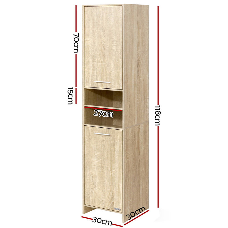 Bathroom Cabinet Storage 185cm Wooden tall storage unit with two doors and open shelf in light wood finish
