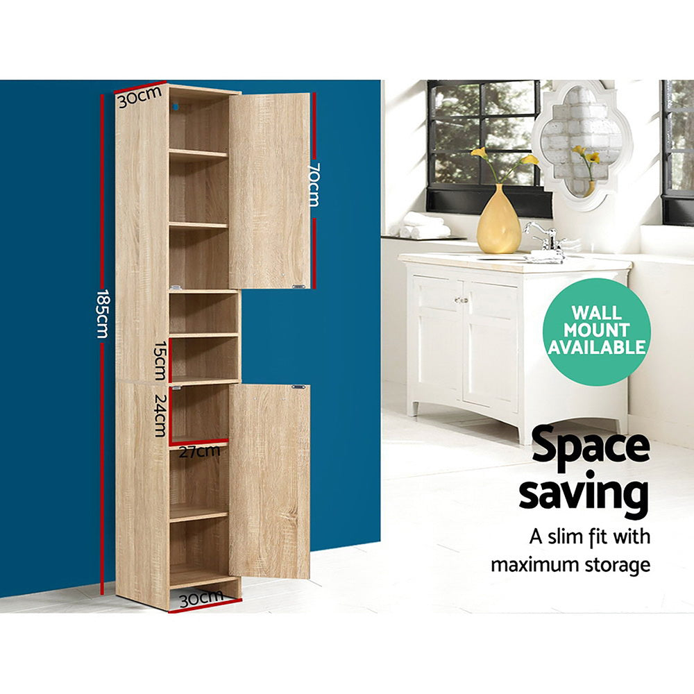 Bathroom Cabinet Storage 185cm Wooden tall slim storage cabinet with multiple shelves and two doors on blue background