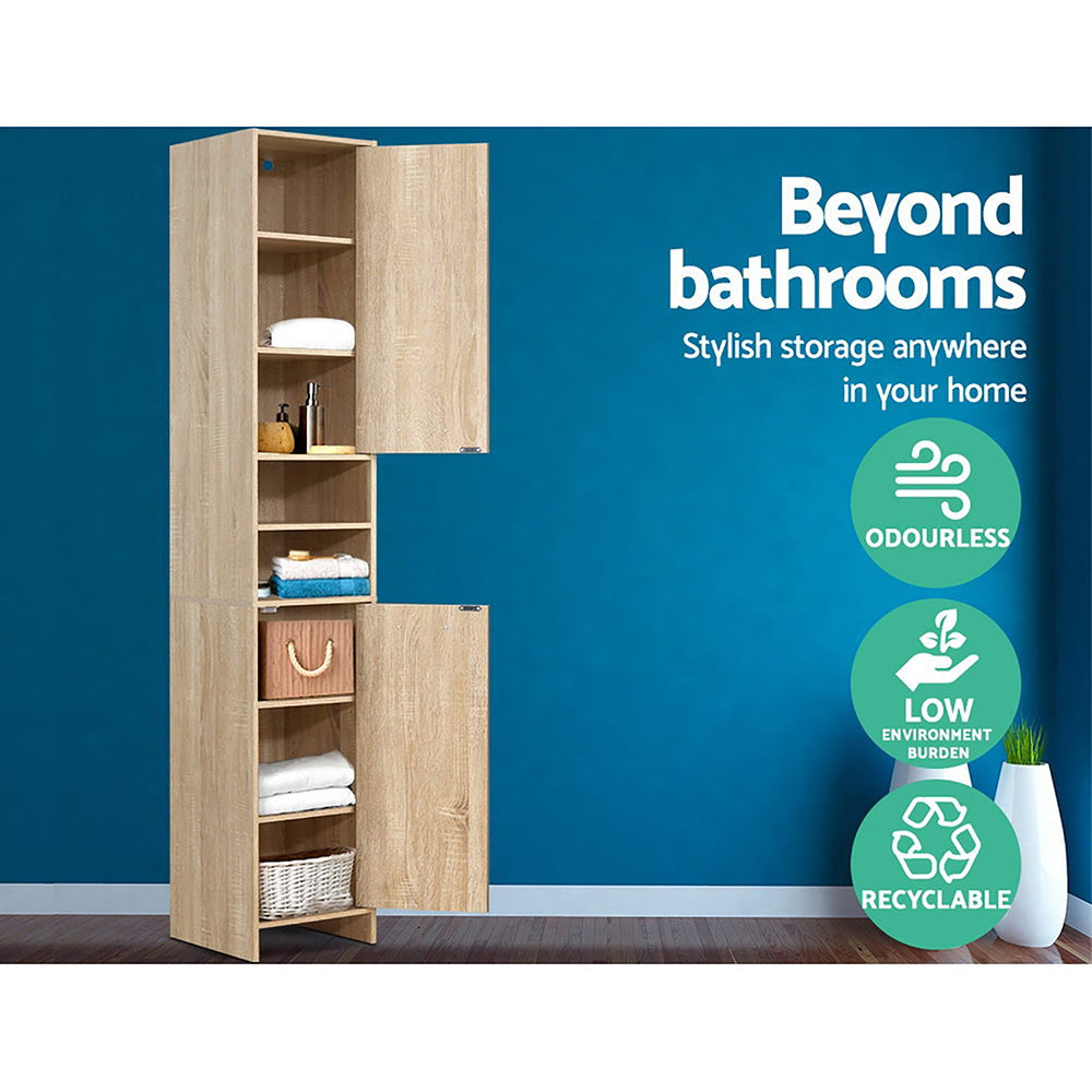 Bathroom Cabinet Storage 185cm Wooden tall unit with open shelves and two doors against blue wall background