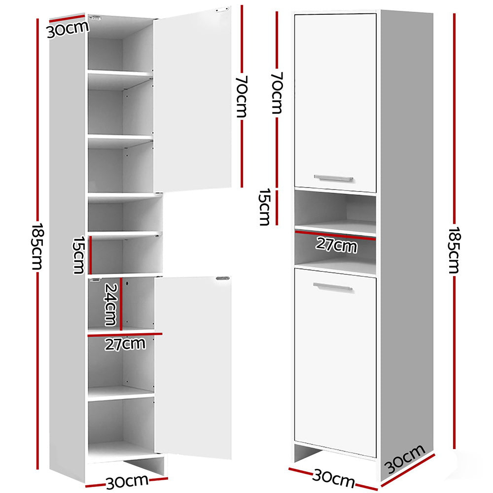 185cm Bathroom Tallboy Toilet Storage Cabinet Laundry Cupboard Adjustable Shelf White with detailed dimensions shown on white background