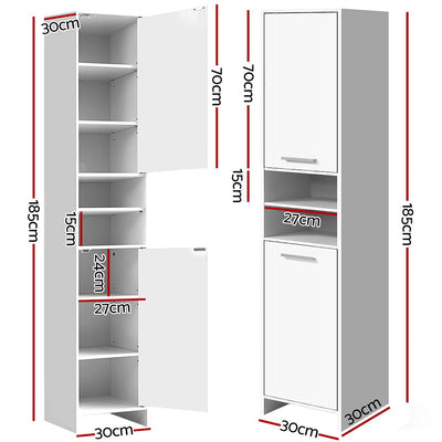 185cm Bathroom Tallboy Toilet Storage Cabinet Laundry Cupboard Adjustable Shelf White with detailed dimensions shown on white background