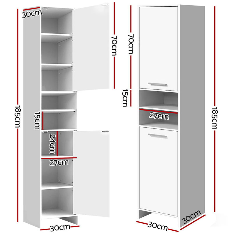 185cm Bathroom Tallboy Toilet Storage Cabinet Laundry Cupboard Adjustable Shelf White with detailed dimensions shown on white background