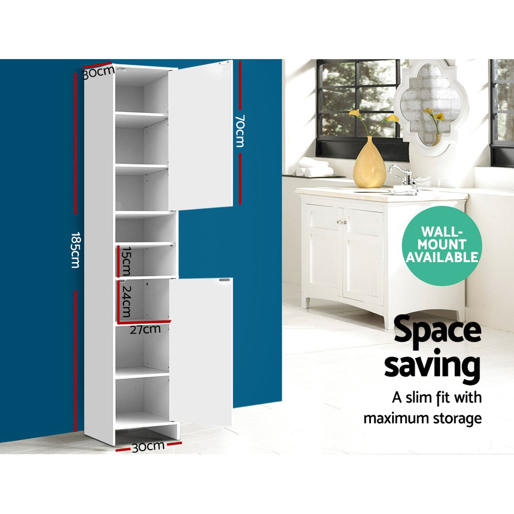 185cm Bathroom Tallboy Toilet Storage Cabinet Laundry Cupboard Adjustable Shelf White