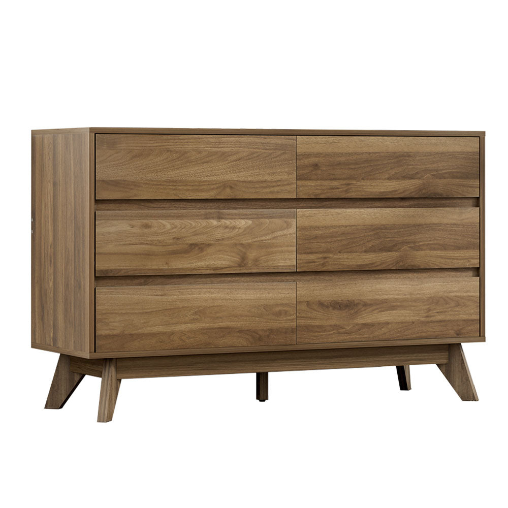 6 Drawer Lowboy Storage Cabinet Walnut with sleek wood grain finish and angled legs for modern bedroom furniture setup