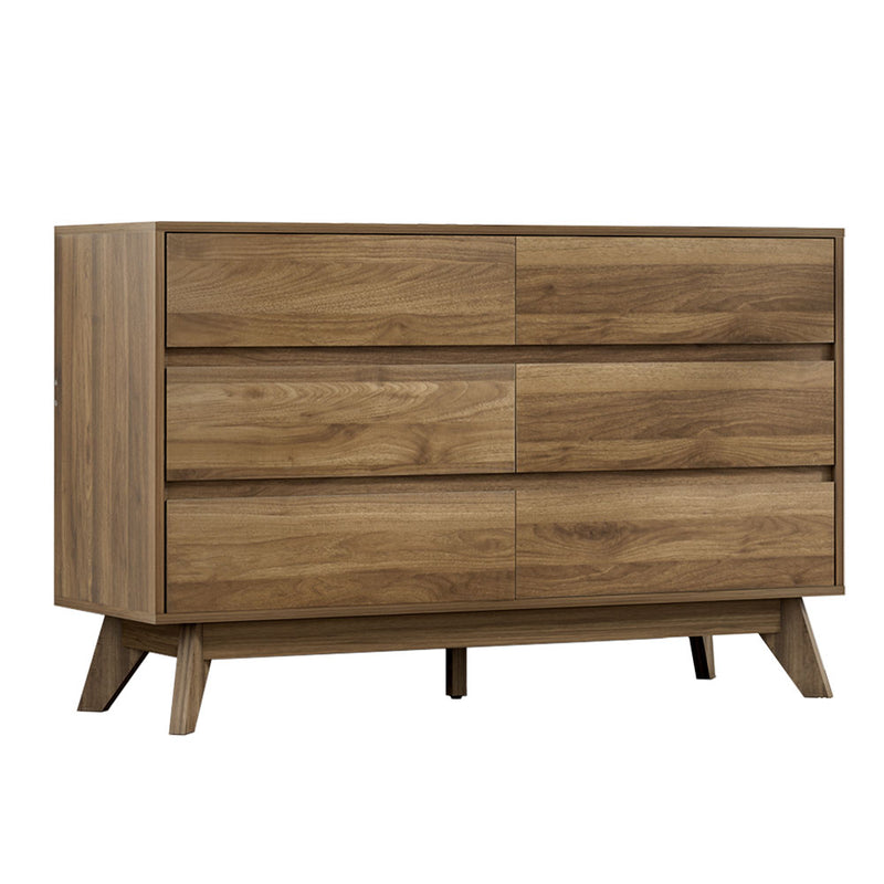 6 Drawer Lowboy Storage Cabinet Walnut with sleek wood grain finish and angled legs for modern bedroom furniture setup