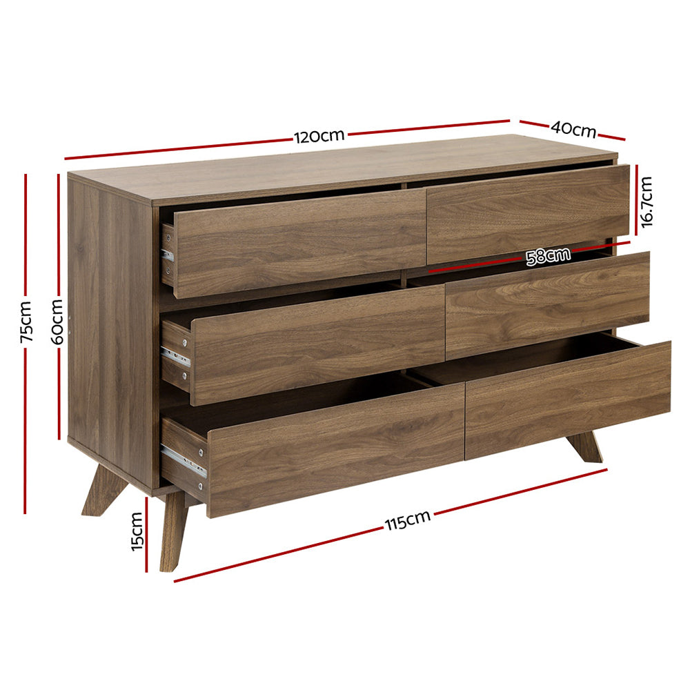 6 Drawer Lowboy Storage Cabinet Walnut with angled legs, six drawers, and modern dark wood grain finish, shown with dimensions.