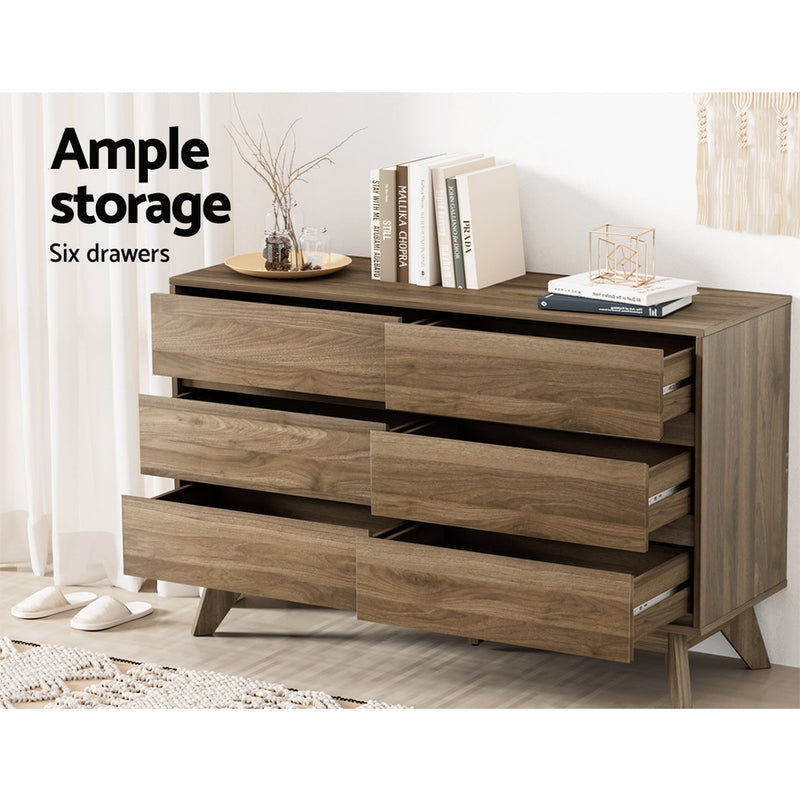 6 Drawer Lowboy Storage Cabinet Walnut with dark wood grain laminate finish and six spacious open drawers in modern bedroom setting