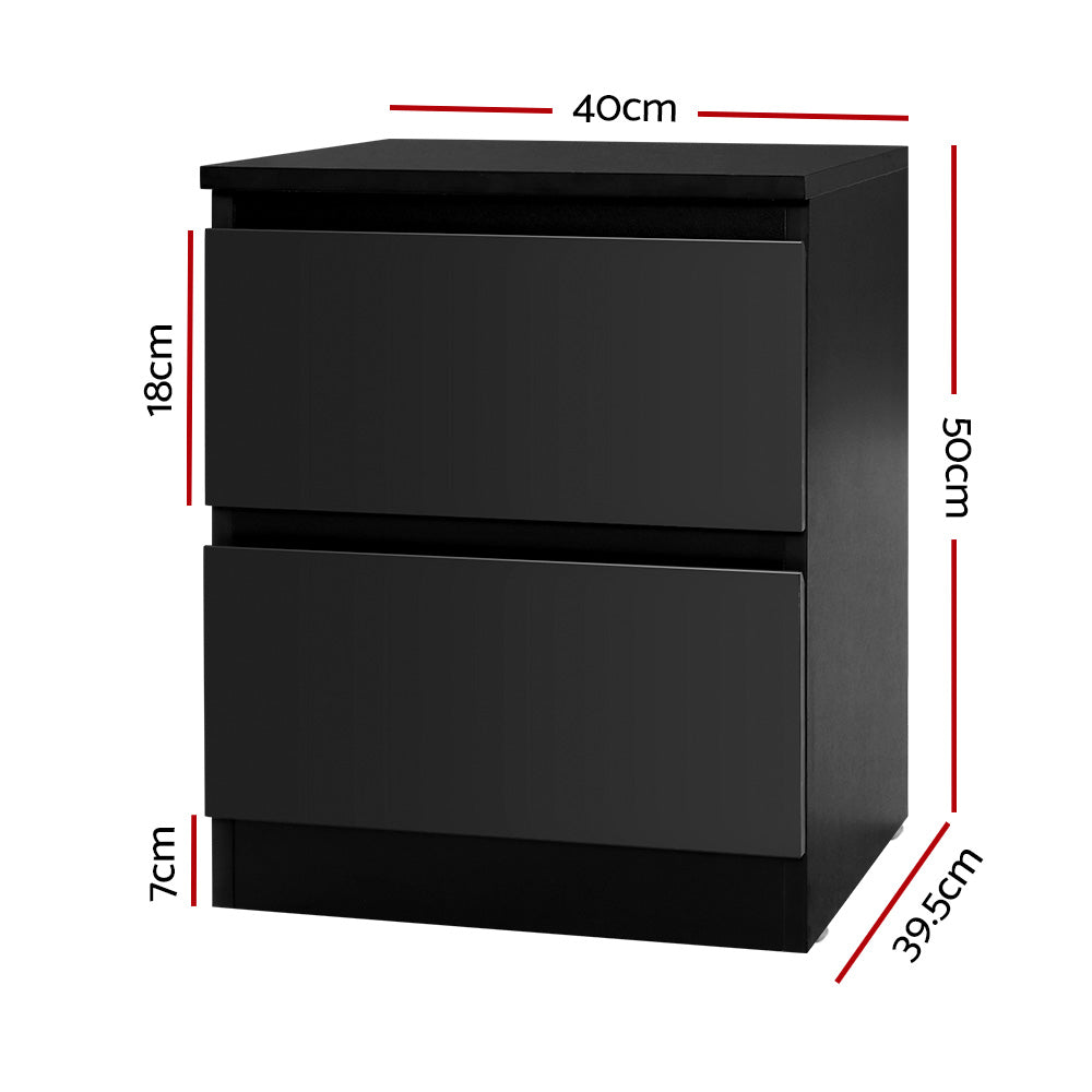 2x Bedside Table 2 Drawers - PEPE Black with two deep drawers, sturdy particle board construction, and sleek black finish
