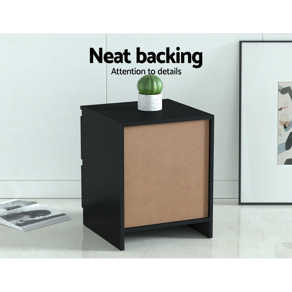 2x Bedside Table 2 Drawers - PEPE Black with neat backing, simple design, and sturdy particle board construction in bedroom setting