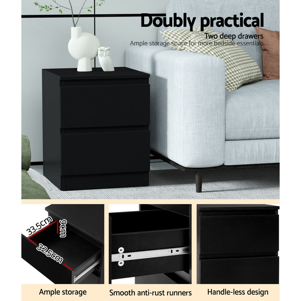 2x Bedside Table 2 Drawers - PEPE Black with two deep drawers, handle-less design, and smooth anti-rust runners in bedroom setting