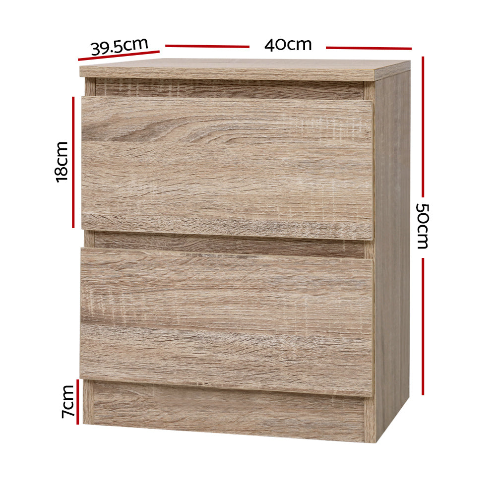 2x Bedside Table 2 Drawers - PEPE Oak, light oak finish with two spacious drawers and compact bedroom furniture design