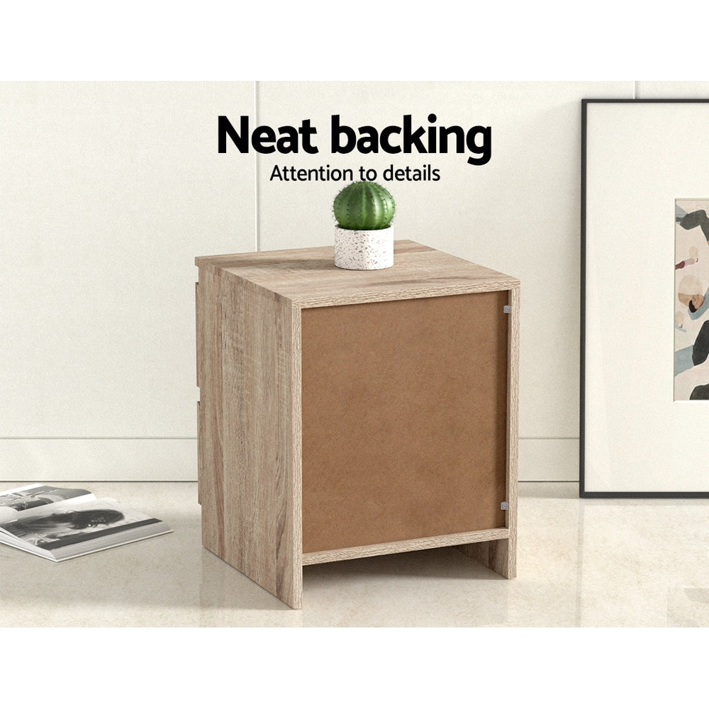 2x Bedside Table 2 Drawers - PEPE Oak shown with neat backing and simple oak particle board design on white floor