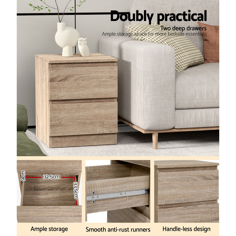 2x Bedside Table 2 Drawers - PEPE Oak with two deep drawers, smooth runners, handle-less design, and ample storage space.