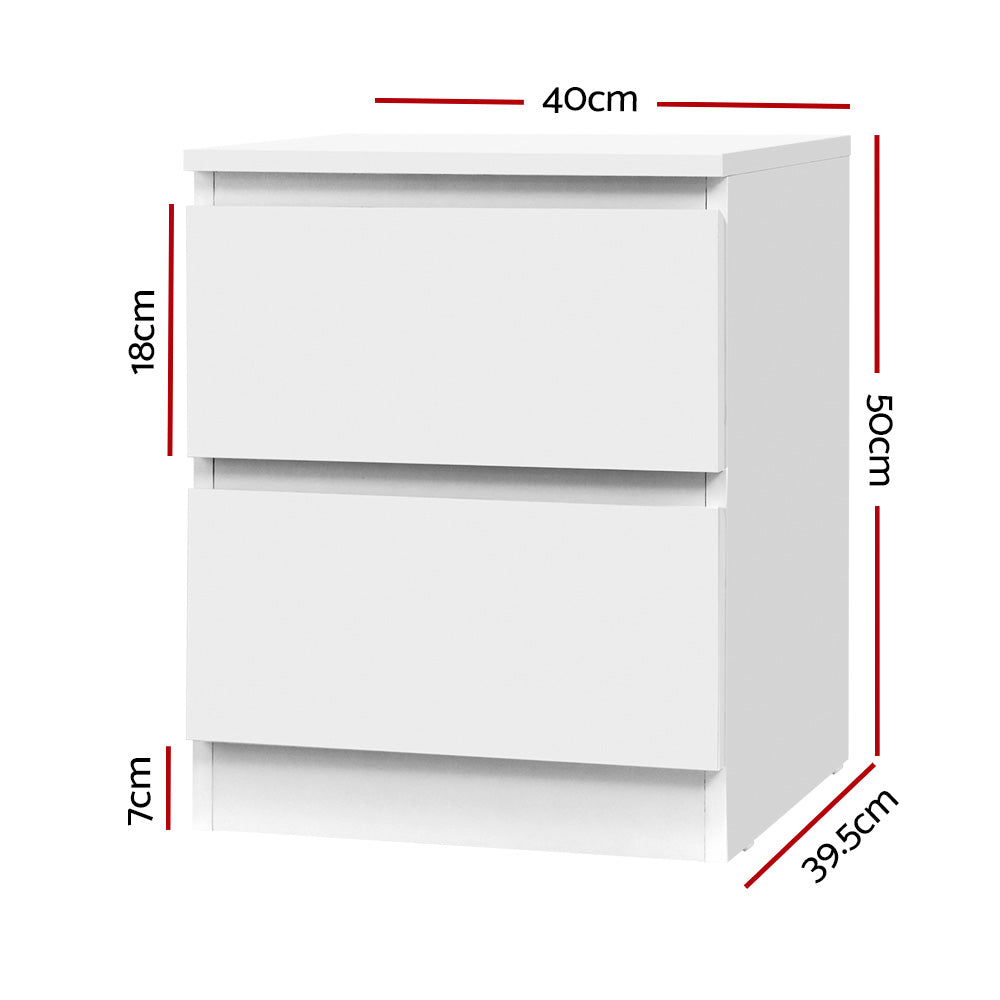 2x Bedside Table 2 Drawers - PEPE White, simple white twin pack with two deep drawers for bedroom furniture.
