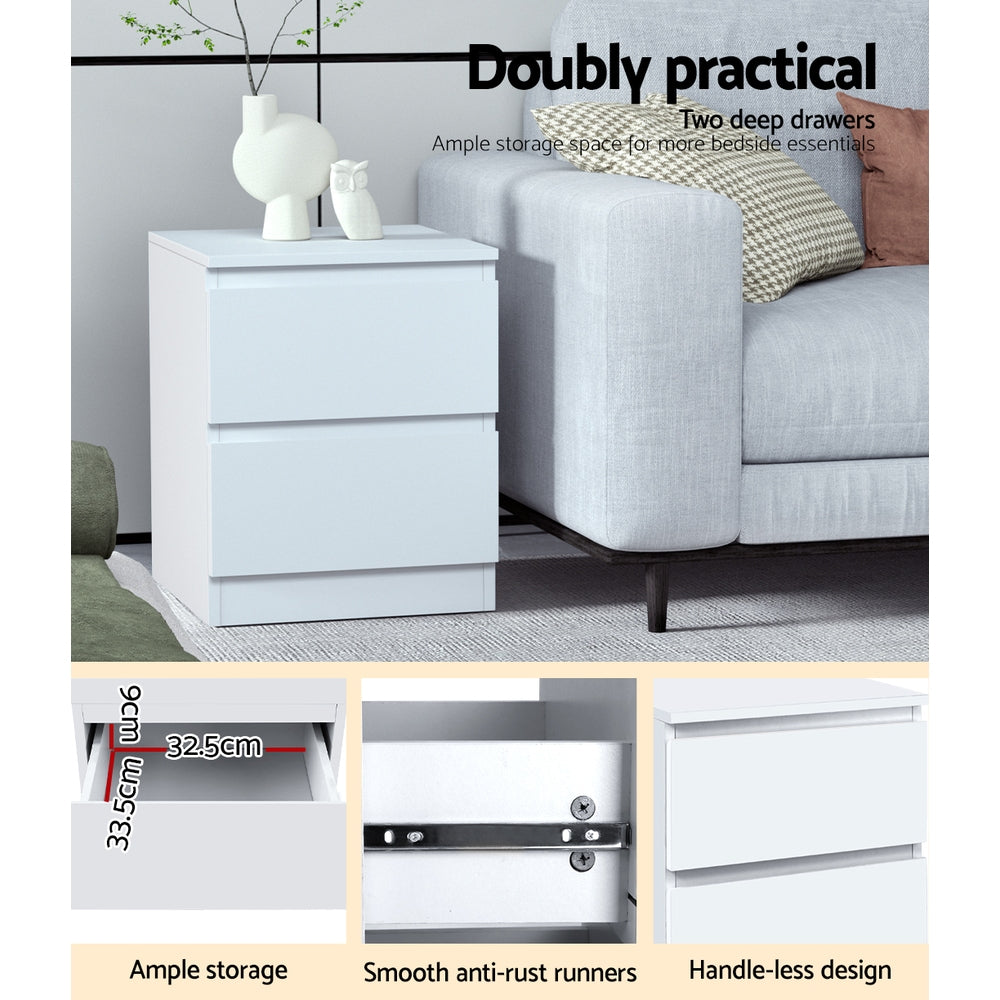 2x Bedside Table 2 Drawers - PEPE White twin pack with two deep drawers, smooth runners, and handle-less design next to sofa