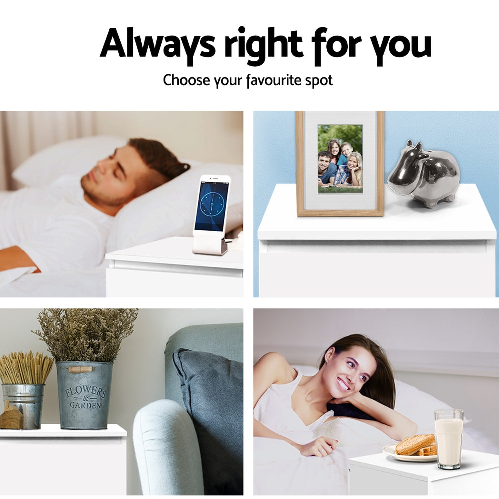 2x Bedside Table 2 Drawers - PEPE White shown in various bedroom settings with decor and personal items displayed on top