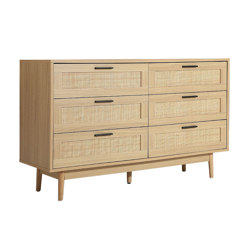 Rattan Tallboy With 6 Drawers in oak finish, featuring sleek handles and mid-century style legs for bedroom furniture.