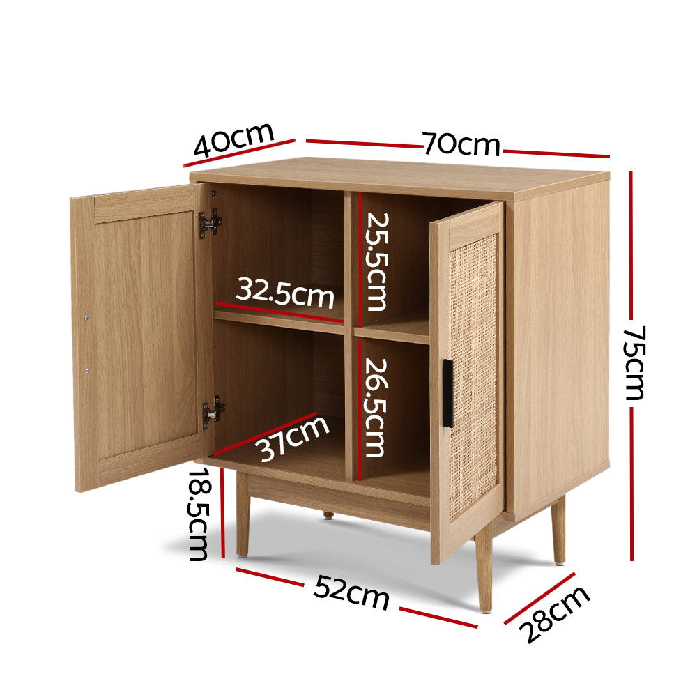 Rattan Sideboard Cabinet in oak finish with open doors showing shelves and interior dimensions on white background