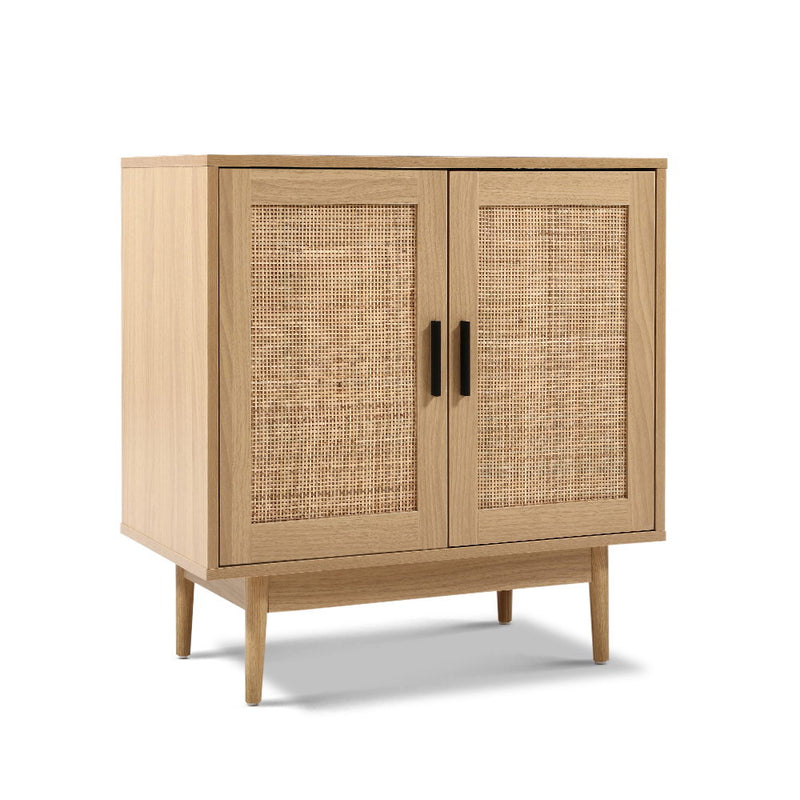 Rattan Sideboard Cabinet in oak finish with woven rattan doors, black handles, and mid-century style tapered legs