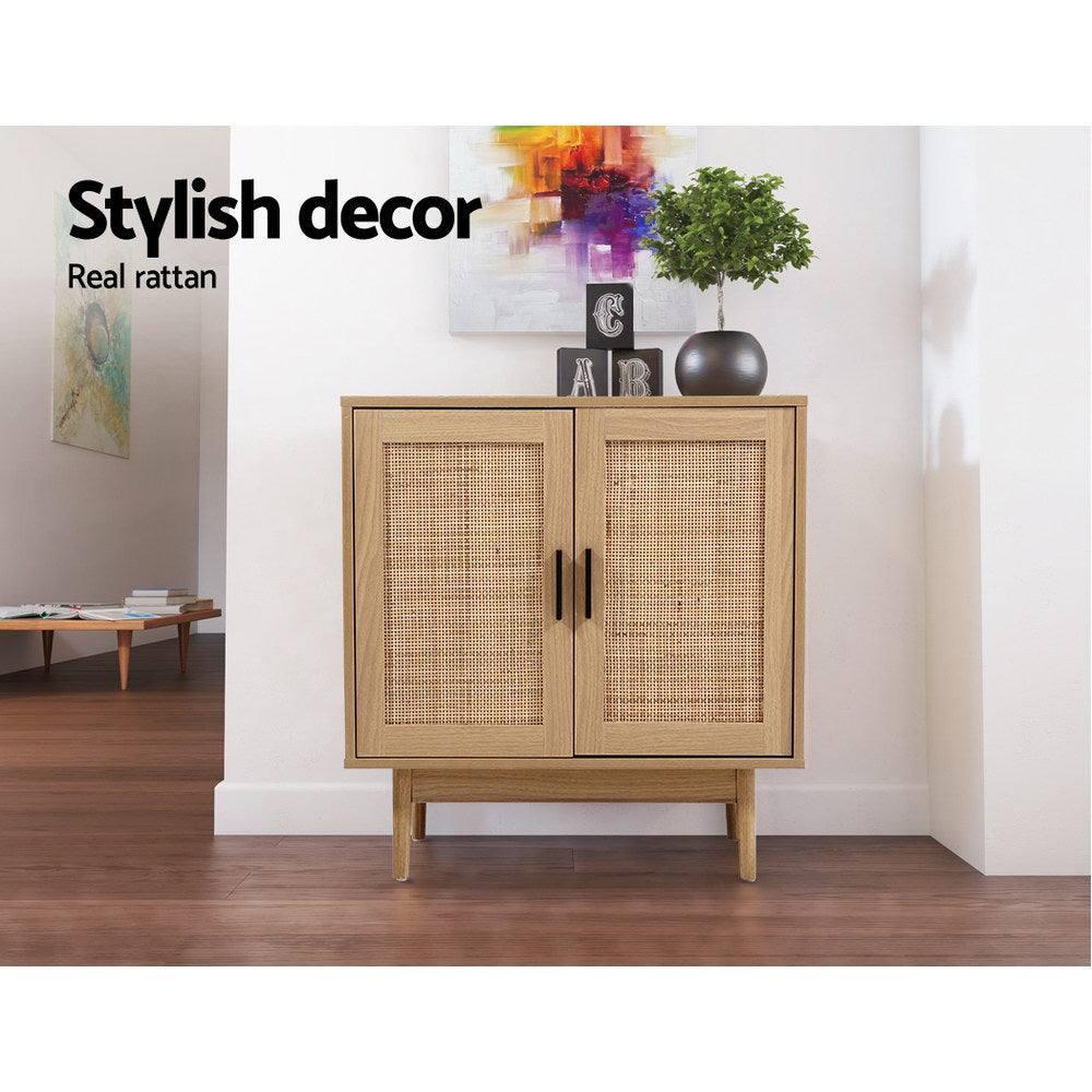 Rattan Sideboard Cabinet with oak finish, double doors featuring real rattan panels, and black handles on wooden legs