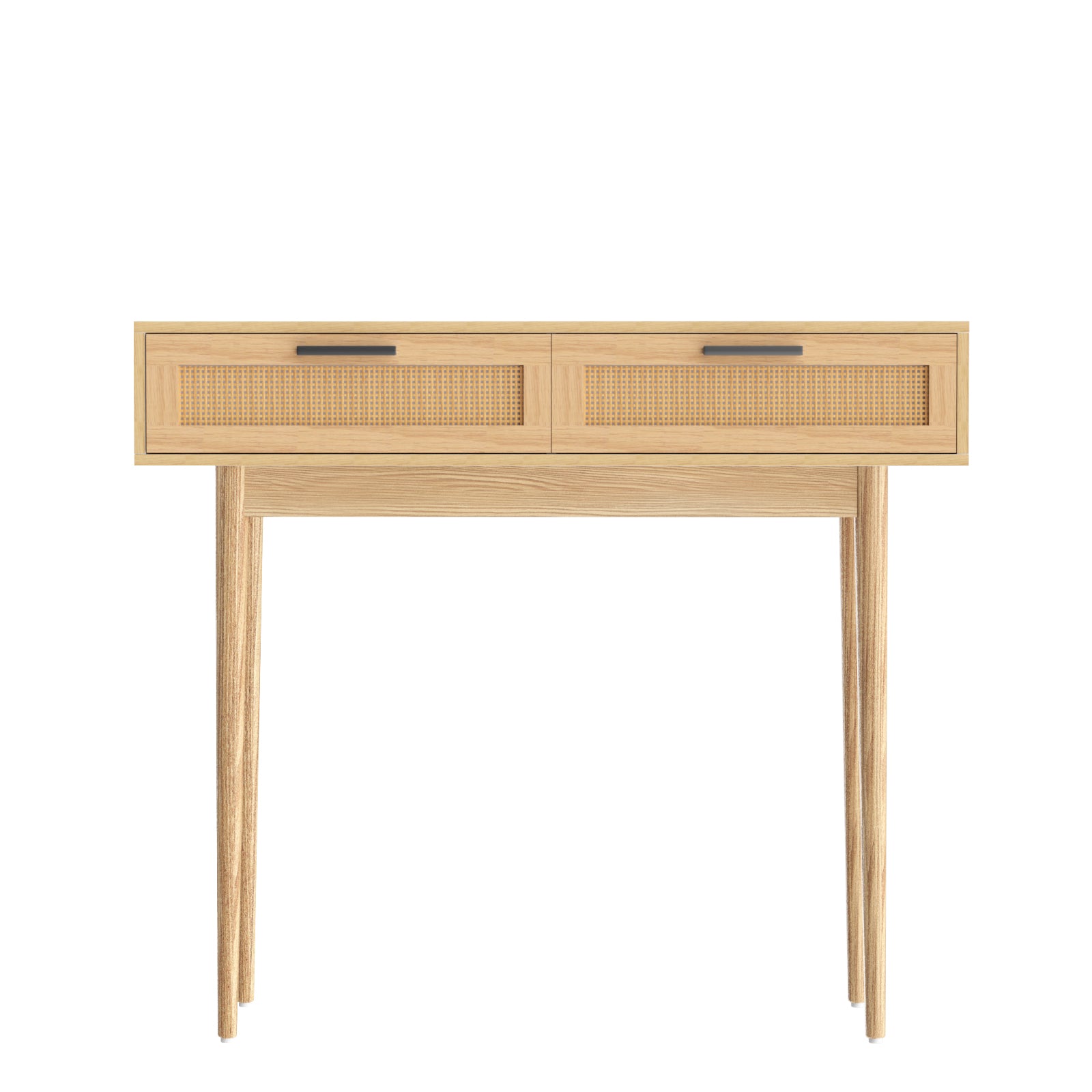 Rattan Console Table Drawer Storage Hallway Tables Drawers in oak finish with two drawers and slender wooden legs on white background