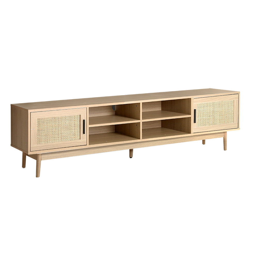 TV Cabinet Entertainment Unit Storage Cabinets Rattan Wooden 180CM with open shelves and rattan door panels in oak finish