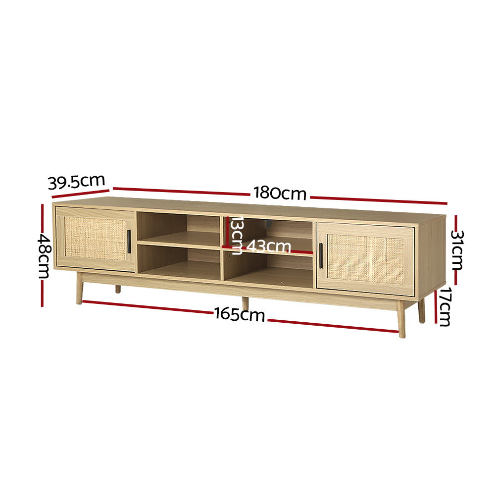 TV Cabinet Entertainment Unit Storage Cabinets Rattan Wooden 180CM with rattan doors and oak finish, measurements shown on white background